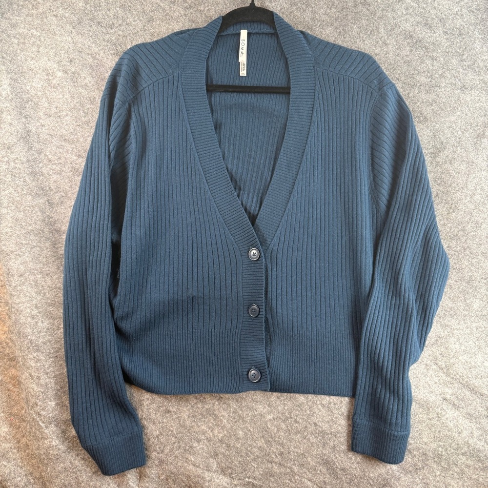 Soma Cardigan Women XXL Blue Ribbed Knit Button Up V-Neck Long Sleeve